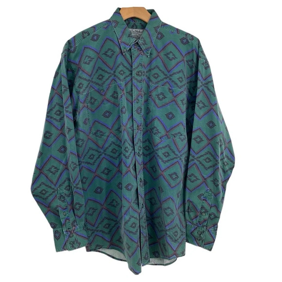 Larry Mahan Other - Larry Mahan Button Down Shirt Mens Size Large Green Blue Vintage Rodeo Geometric
